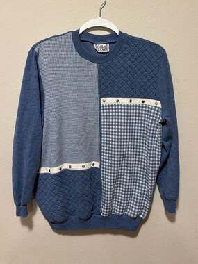 Cricket LANE Vintage Blue Houndstooth and Quilted Blue  Patchwork Sweater
